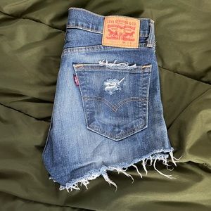Hand distressed Levi denim shorts